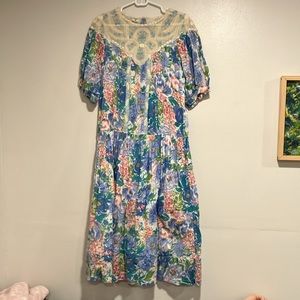 Vintage 1980s Puff Sleeve Lace Dress Size Medium Cottagecore Grandma Core Floral